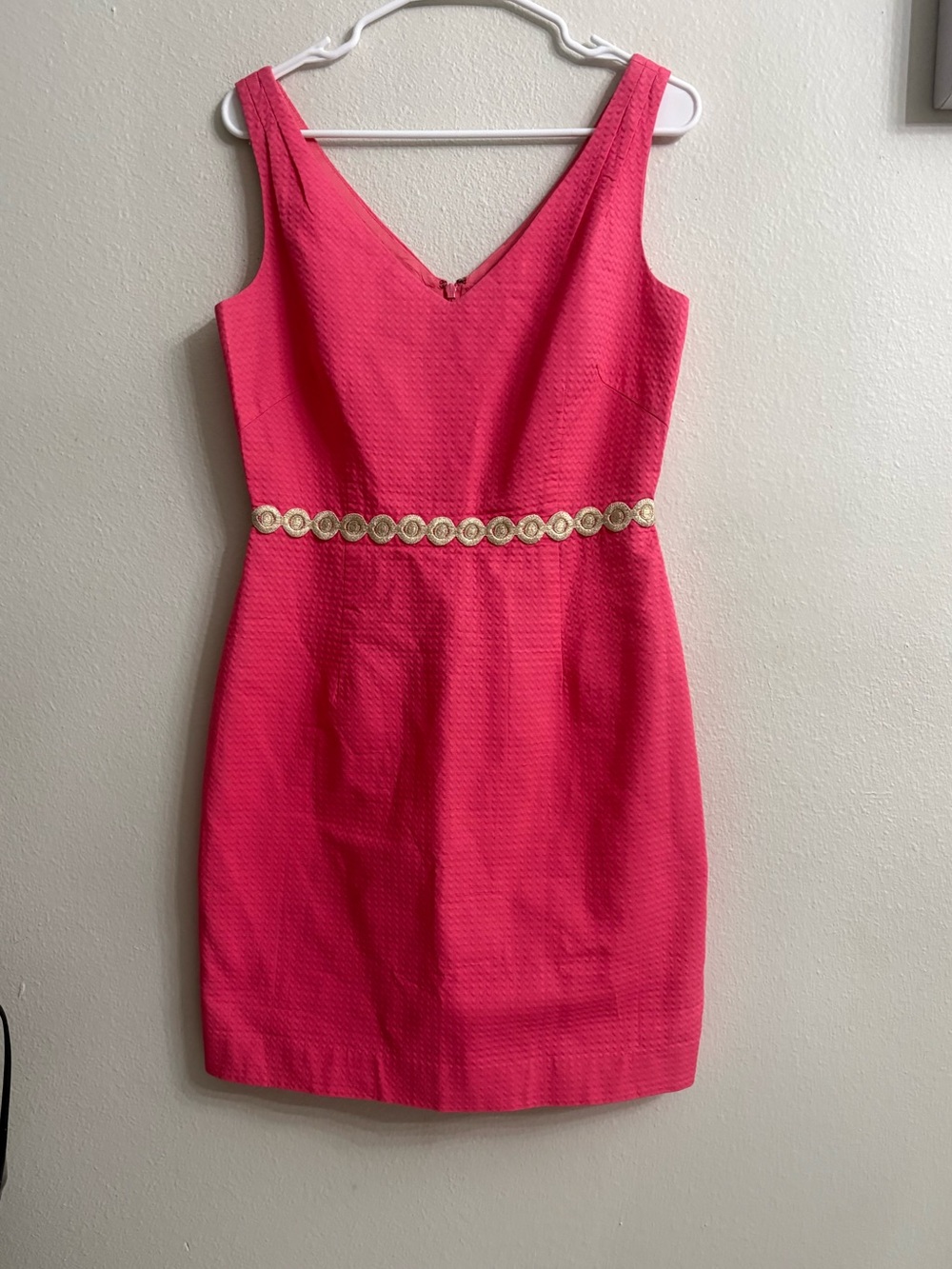 Lilly Pulitzer Hot Pink Sleeveless V-Neck Mini Dress with Gold Waist Trim